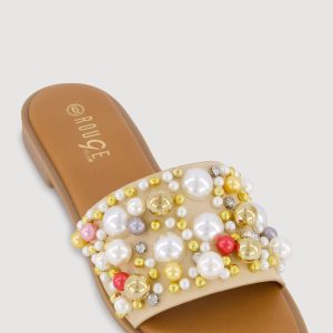 Faux Pearl and Rhinestone Single Band Slide Sandals