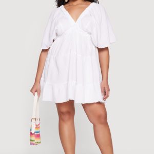 Plus Size Gauze Knit V Neck Tiered Sundress