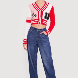 13 Graphic Patch Varsity Cropped Cardigan