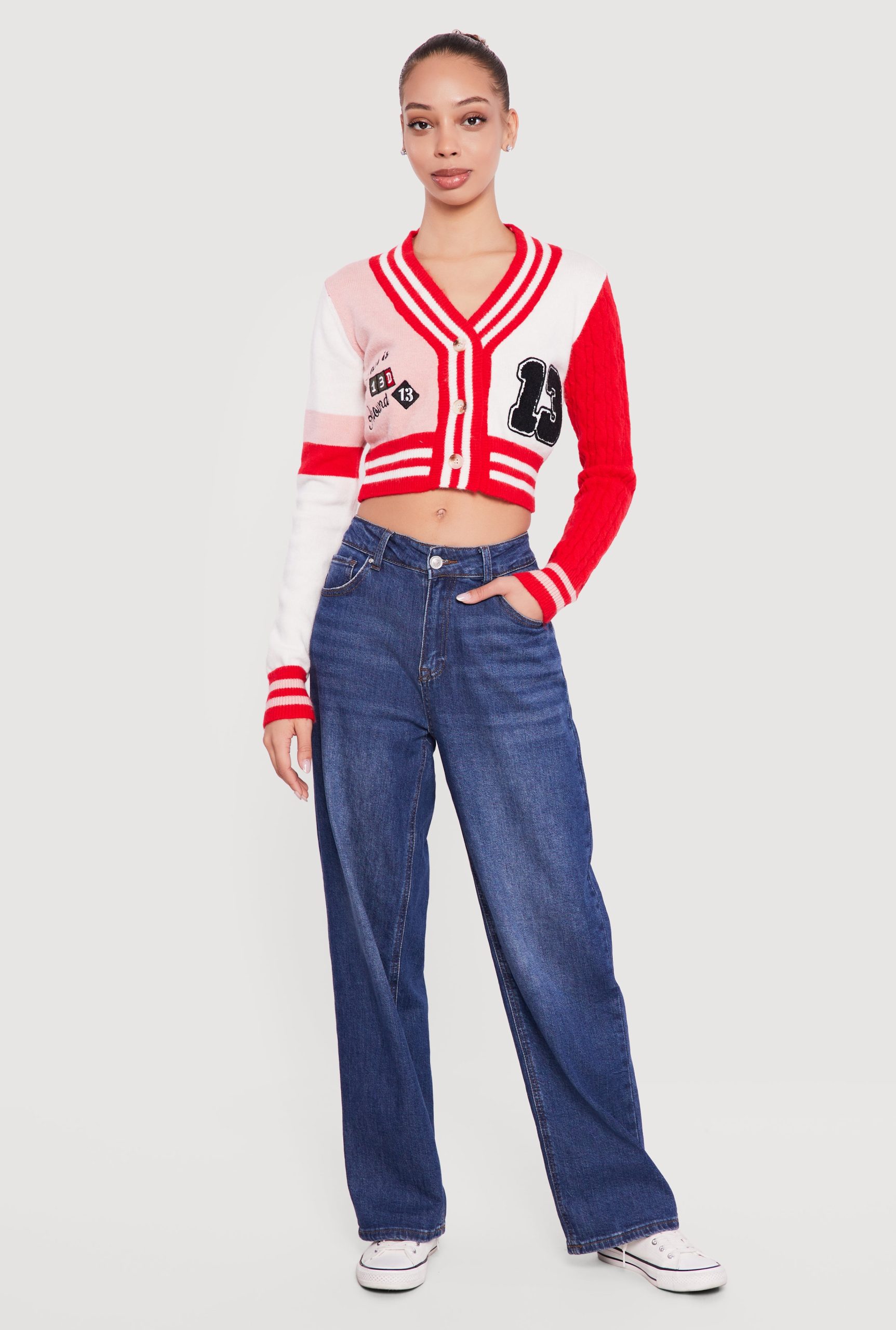 13 Graphic Patch Varsity Cropped Cardigan