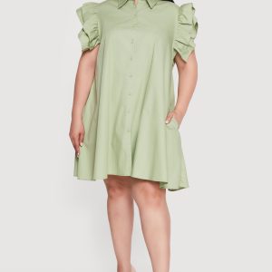 Plus Size Poplin Ruffle Sleeve Midi Shirt Dress