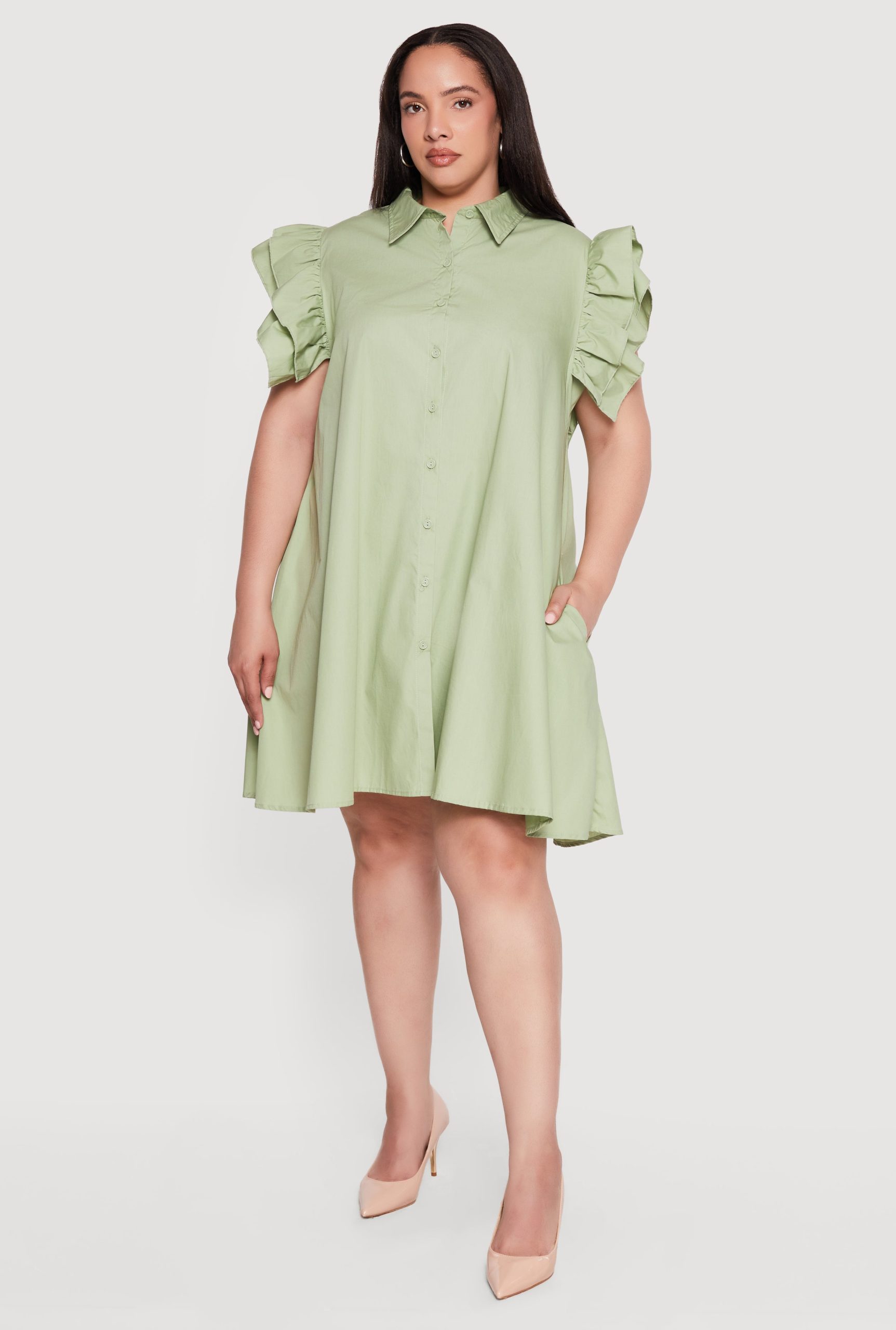 Plus Size Poplin Ruffle Sleeve Midi Shirt Dress