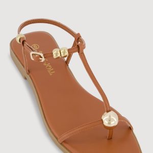 Metallic Beaded Ankle Strap Toe Loop Sandals