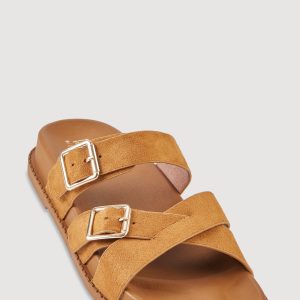 Faux Suede Double Buckle Criss Cross Band Footbed Sandals