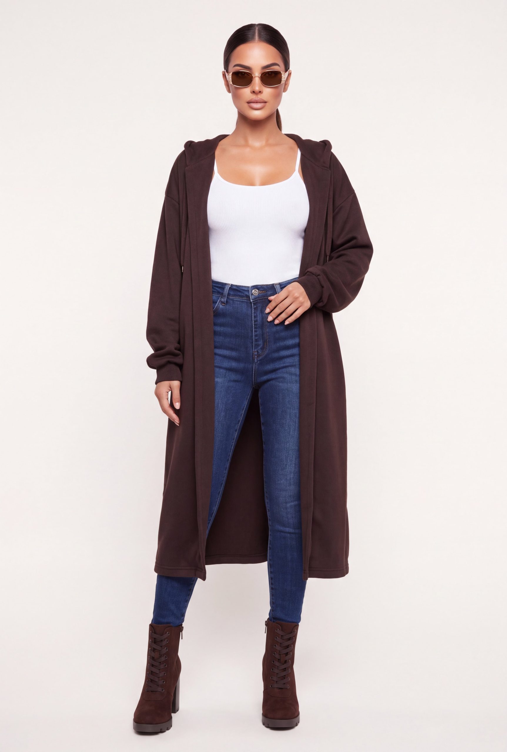 Hooded Open Front Long Jacket
