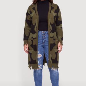 Plus Size Distressed Hem Camouflage Long Cardigan
