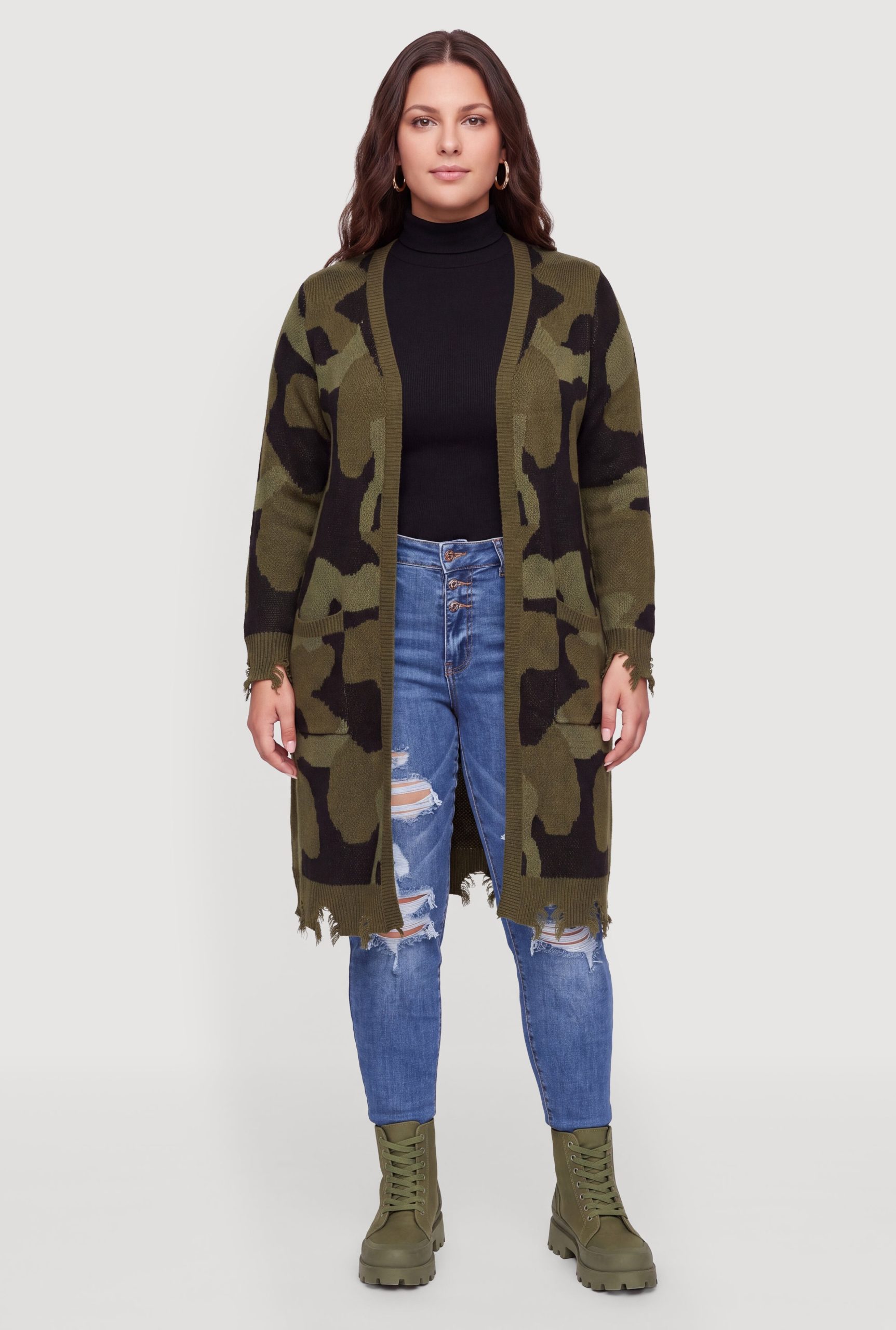 Plus Size Distressed Hem Camouflage Long Cardigan