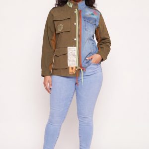 Plus Size Boss Lady Graphic Color Blocked Cargo Jean Jacket
